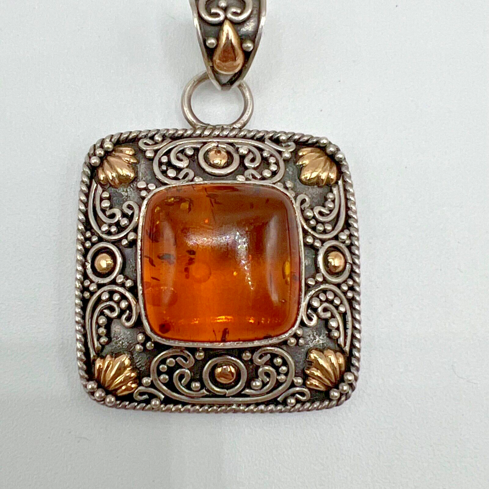 Estate Suarti Bali Sterling Silver & 18k Gold Amber Pendant